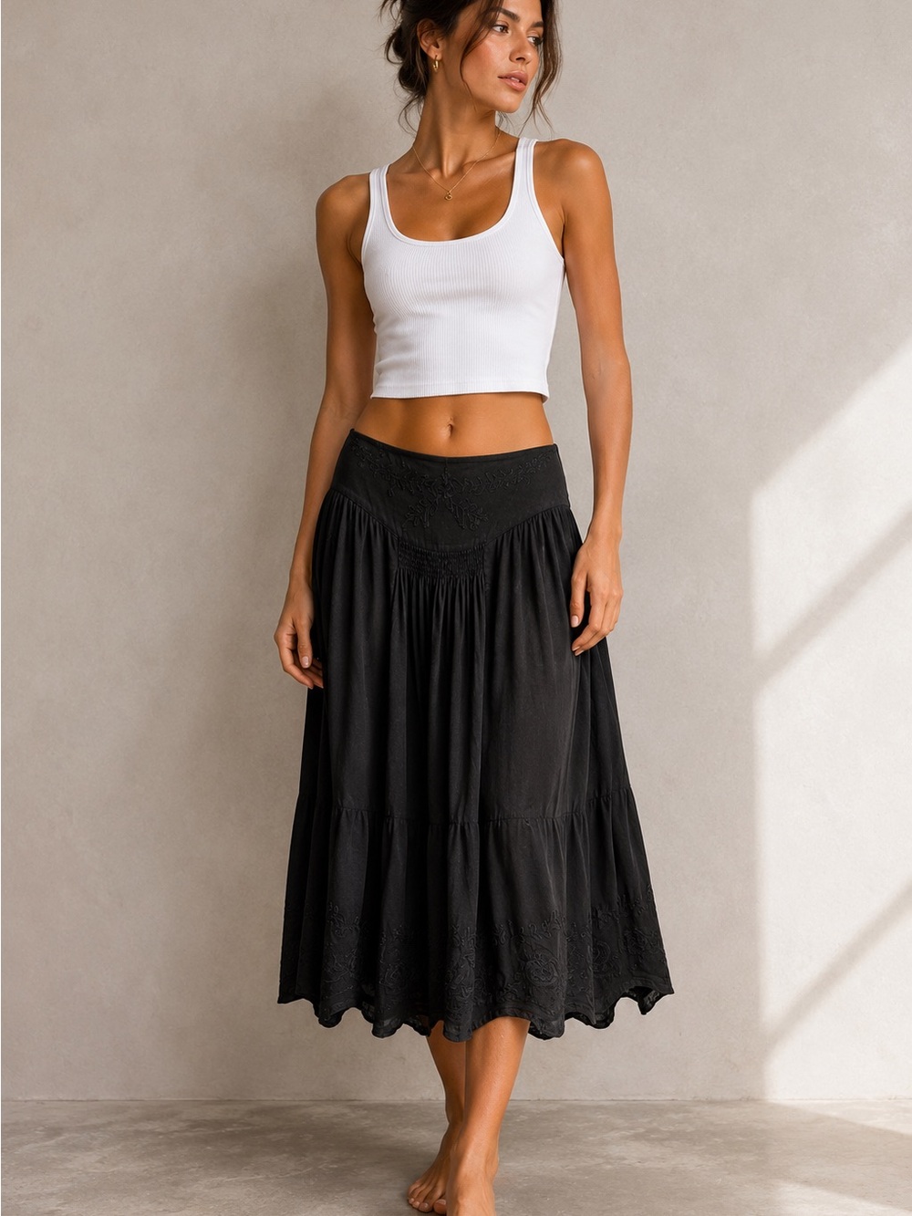 Boho Tiered Black Midi Skirt with Embroidered Waist
